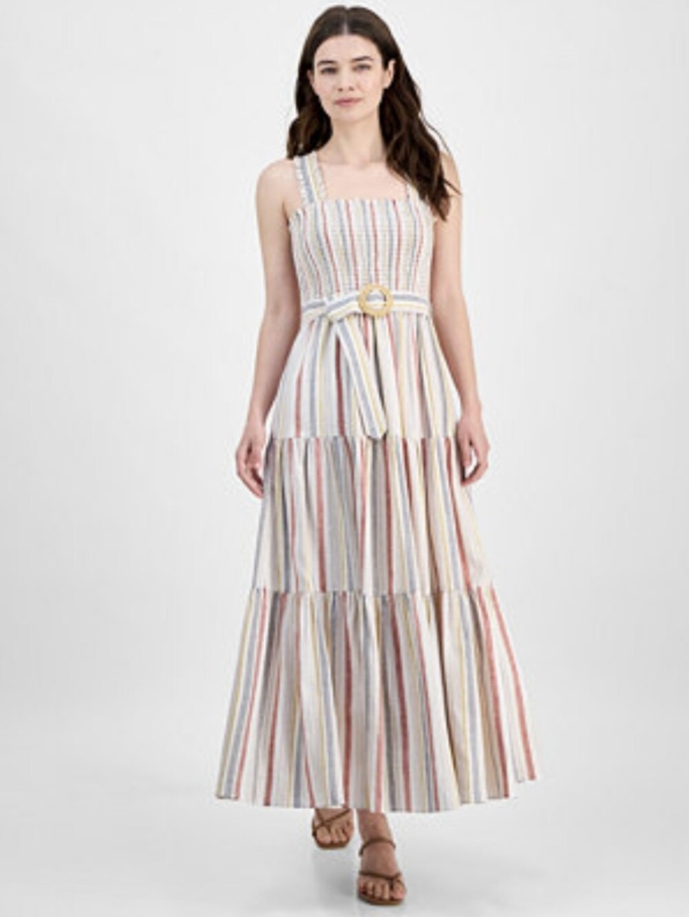 Anne Klein Egret Striped Linen Blend Smocked-Bodice Tiered Maxi Dress Size S